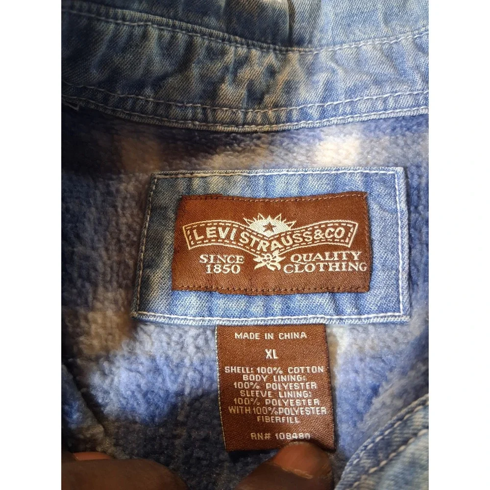 Levi Strauss Mens XL Denim Shirt Jacket Plaid Fleece Lined Light Wash Blue - Picture 4 of 7